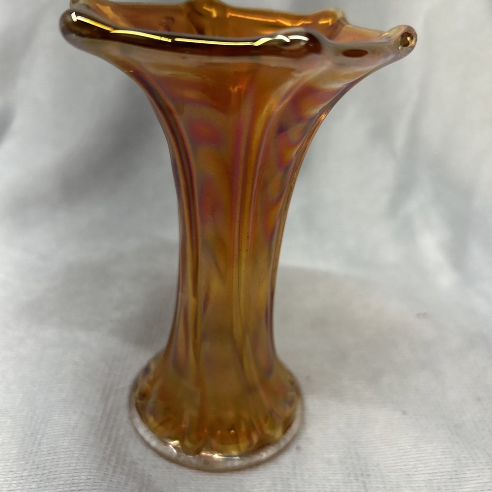 Thin Rib & Drape Marigold Imperial Carnival Glass Mini Vase